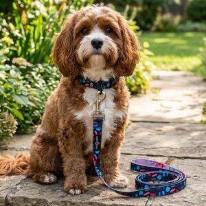 Brand New  - Lucy & Co. Blue Multi Print Dog Collar and Leash Set